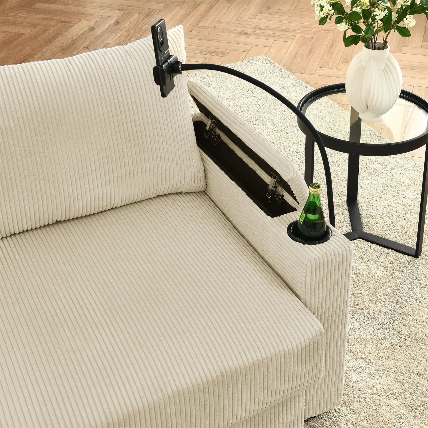 Streamdale Beige Corduroy 7-Seat Sofa Set with Storage & Cup Holders