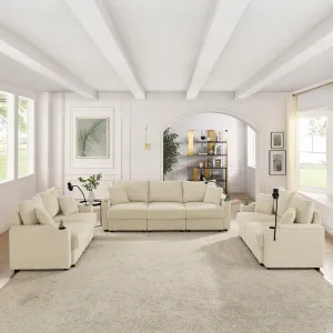 Streamdale Beige Corduroy 7-Seat Sofa Set with Storage & Cup Holders