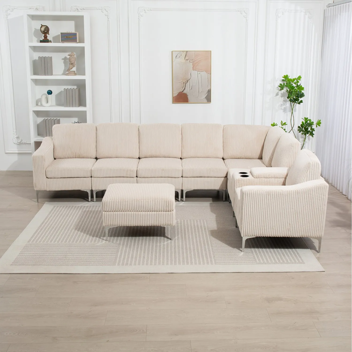 Streamdale Beige Corduroy Convertible Sectional Sofa with Ottoman, USB
