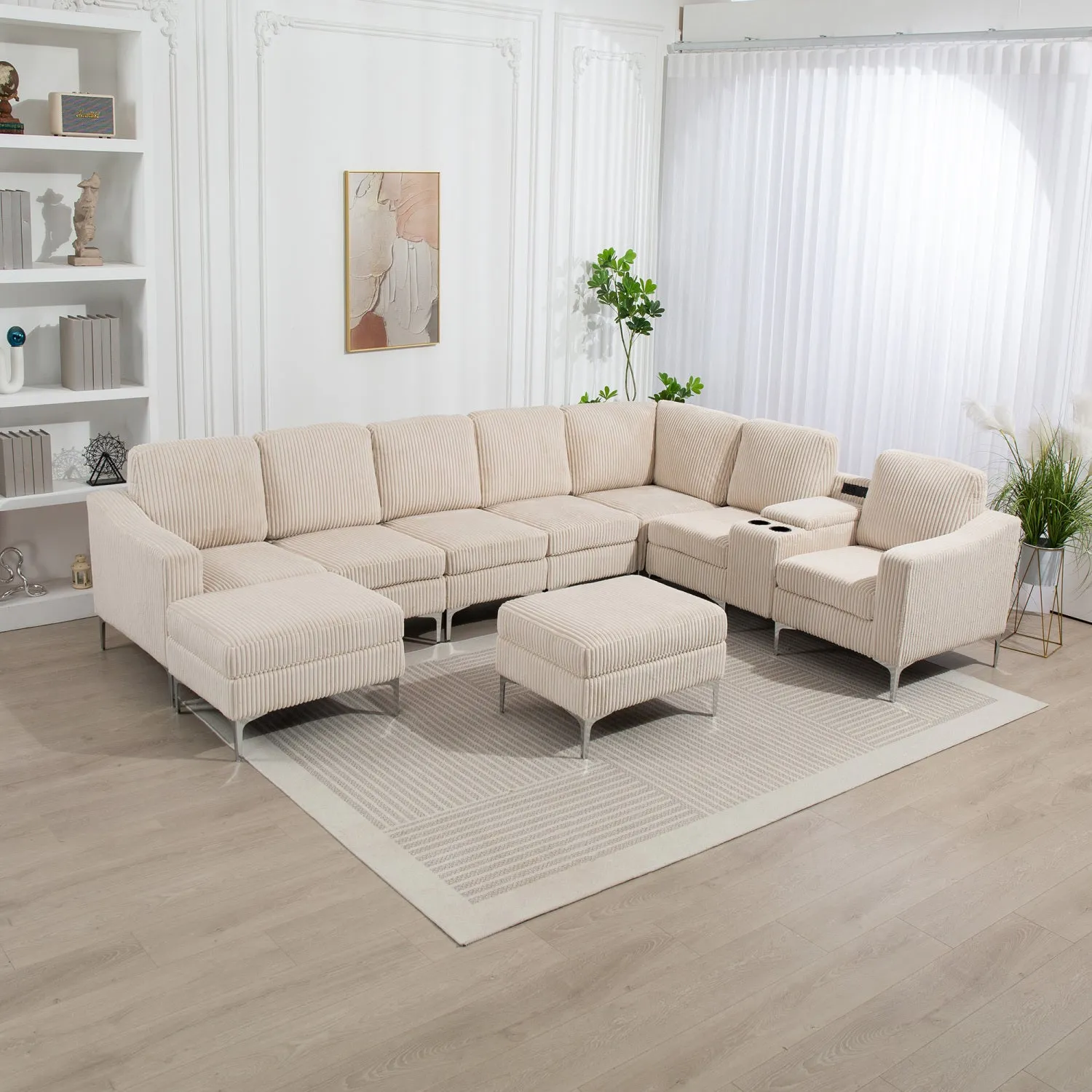 Streamdale Beige Corduroy Convertible Sectional Sofa with Ottoman, USB