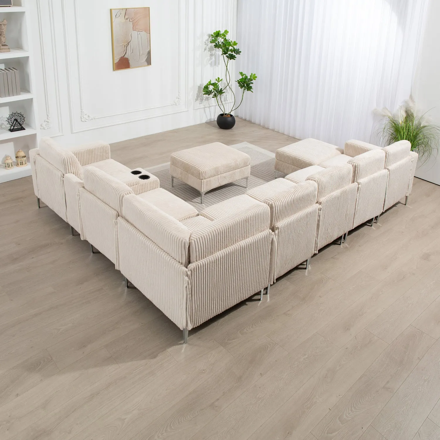 Streamdale Beige Corduroy Convertible Sectional Sofa with Ottoman, USB