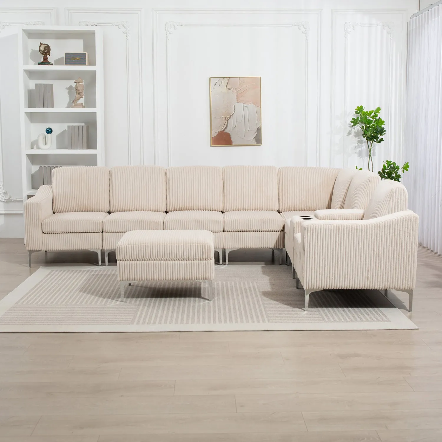 Streamdale Beige Corduroy Convertible Sectional Sofa with Ottoman, USB