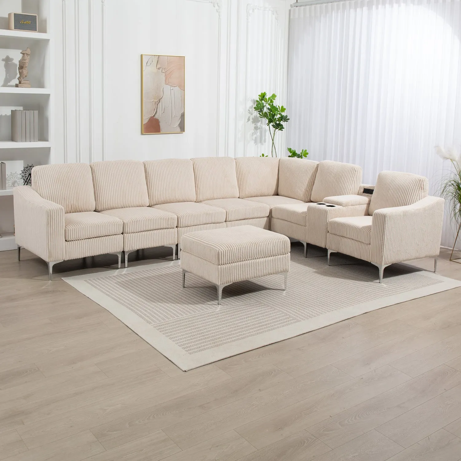 Streamdale Beige Corduroy Convertible Sectional Sofa with Ottoman, USB