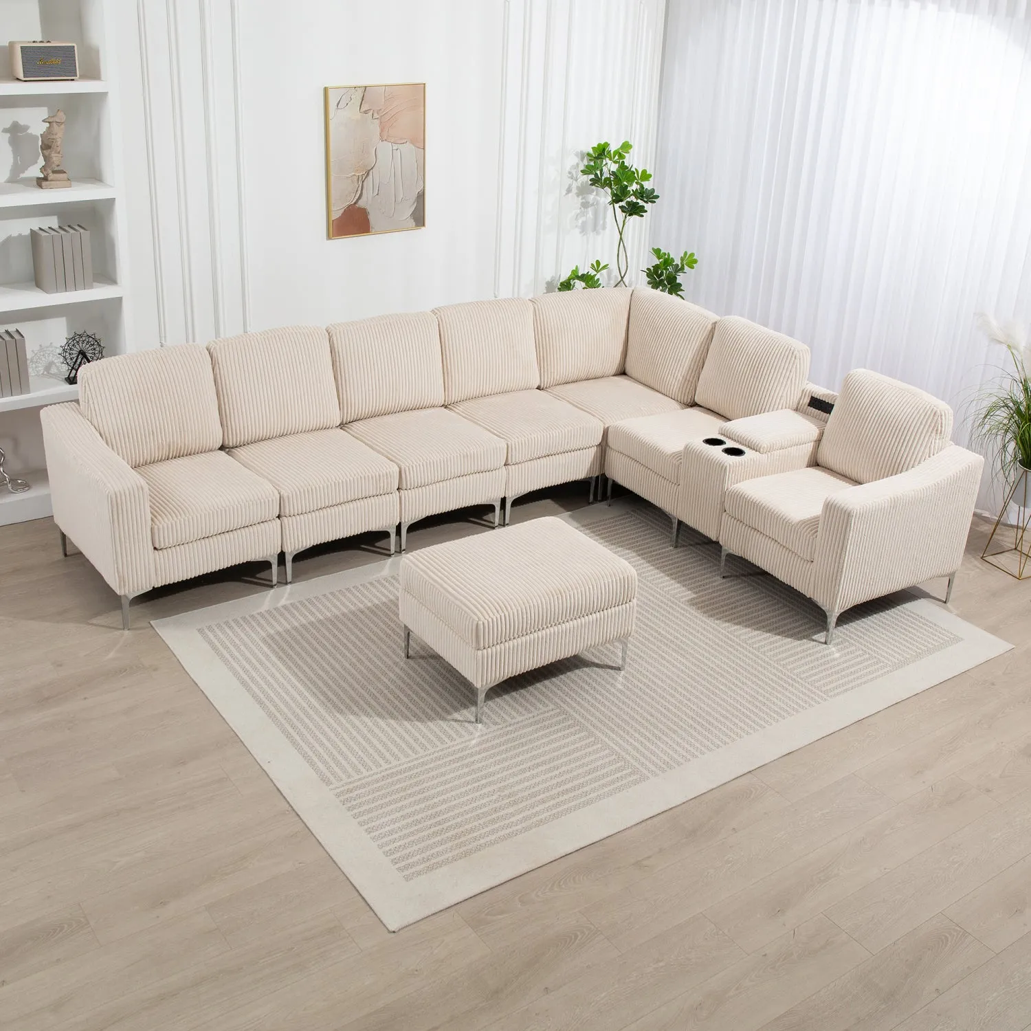 Streamdale Beige Corduroy Convertible Sectional Sofa with Ottoman, USB