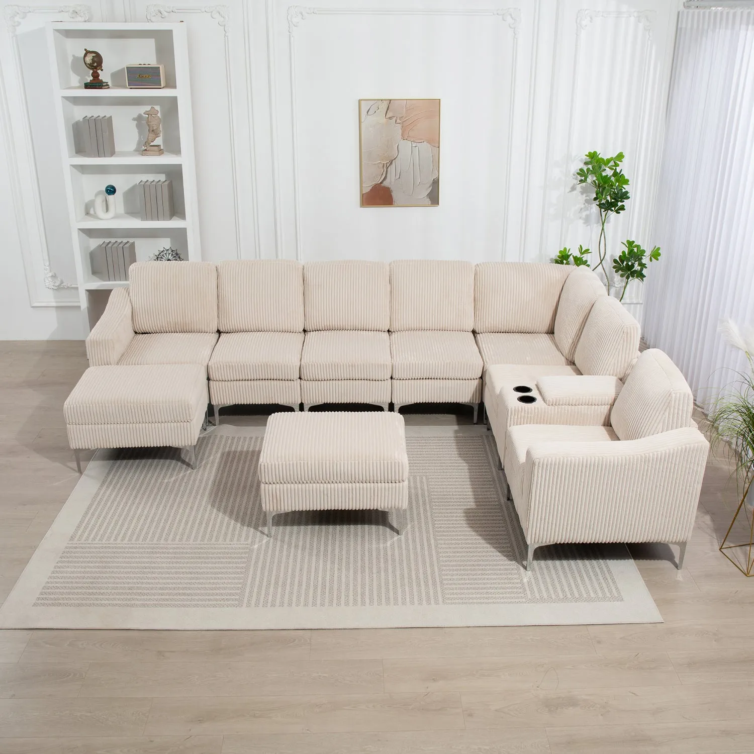 Streamdale Beige Corduroy Convertible Sectional Sofa with Ottoman, USB