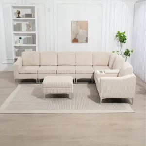Streamdale Beige Corduroy Convertible Sectional Sofa with Ottoman, USB