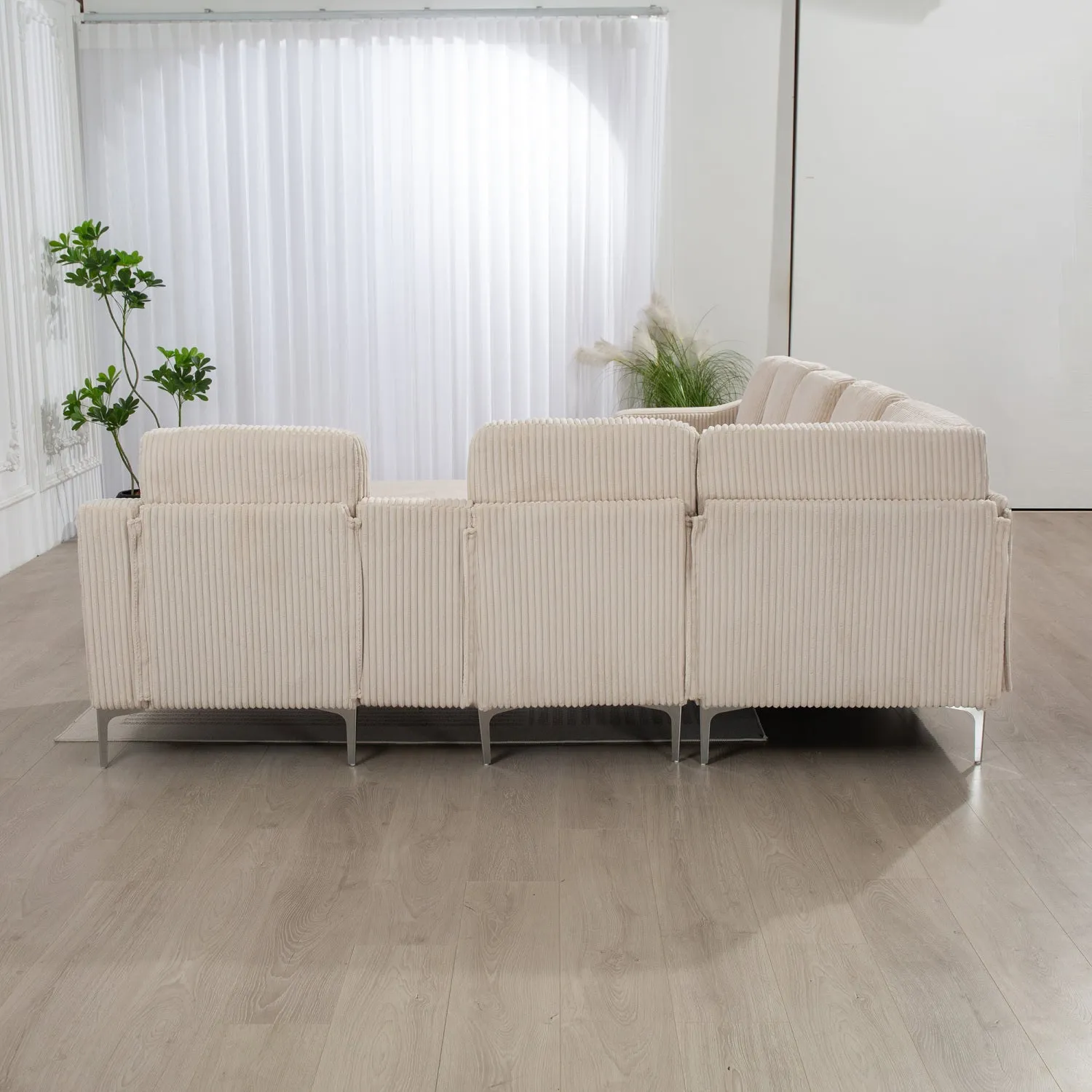Streamdale Beige Corduroy Convertible Sectional Sofa with Ottoman, USB