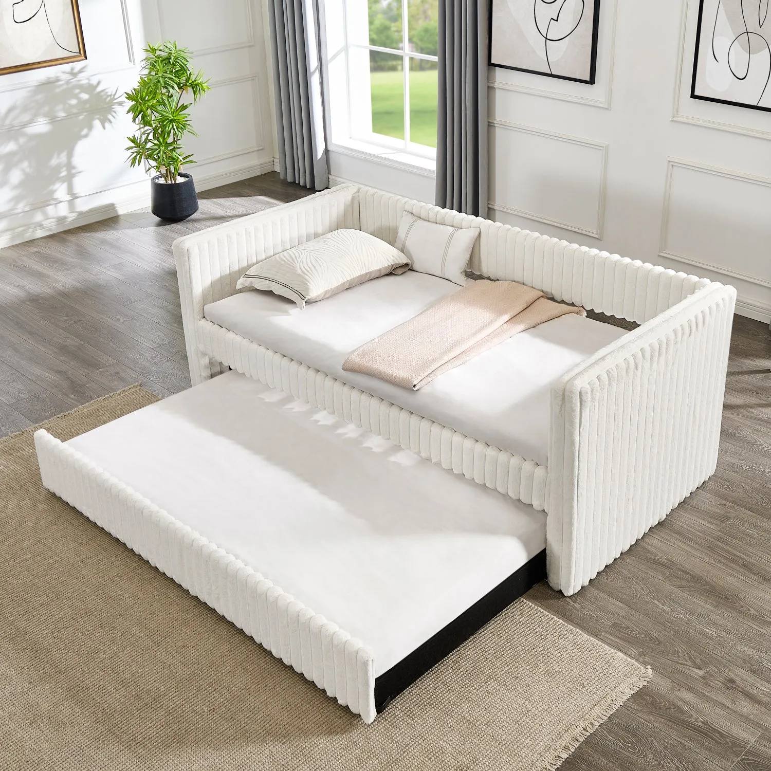 Streamdale Beige Corduroy Daybed with Pull-Out Trundle (Twin)