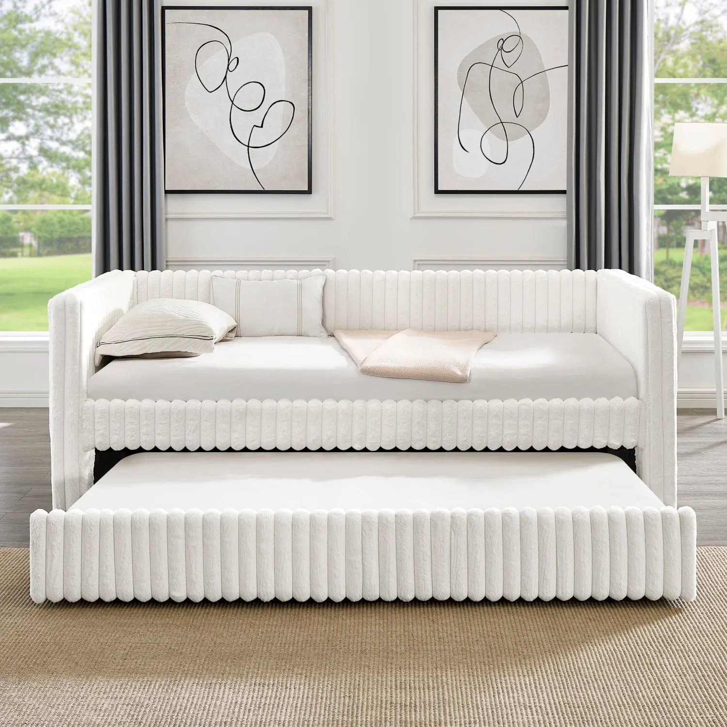 Streamdale Beige Corduroy Daybed with Pull-Out Trundle (Twin)