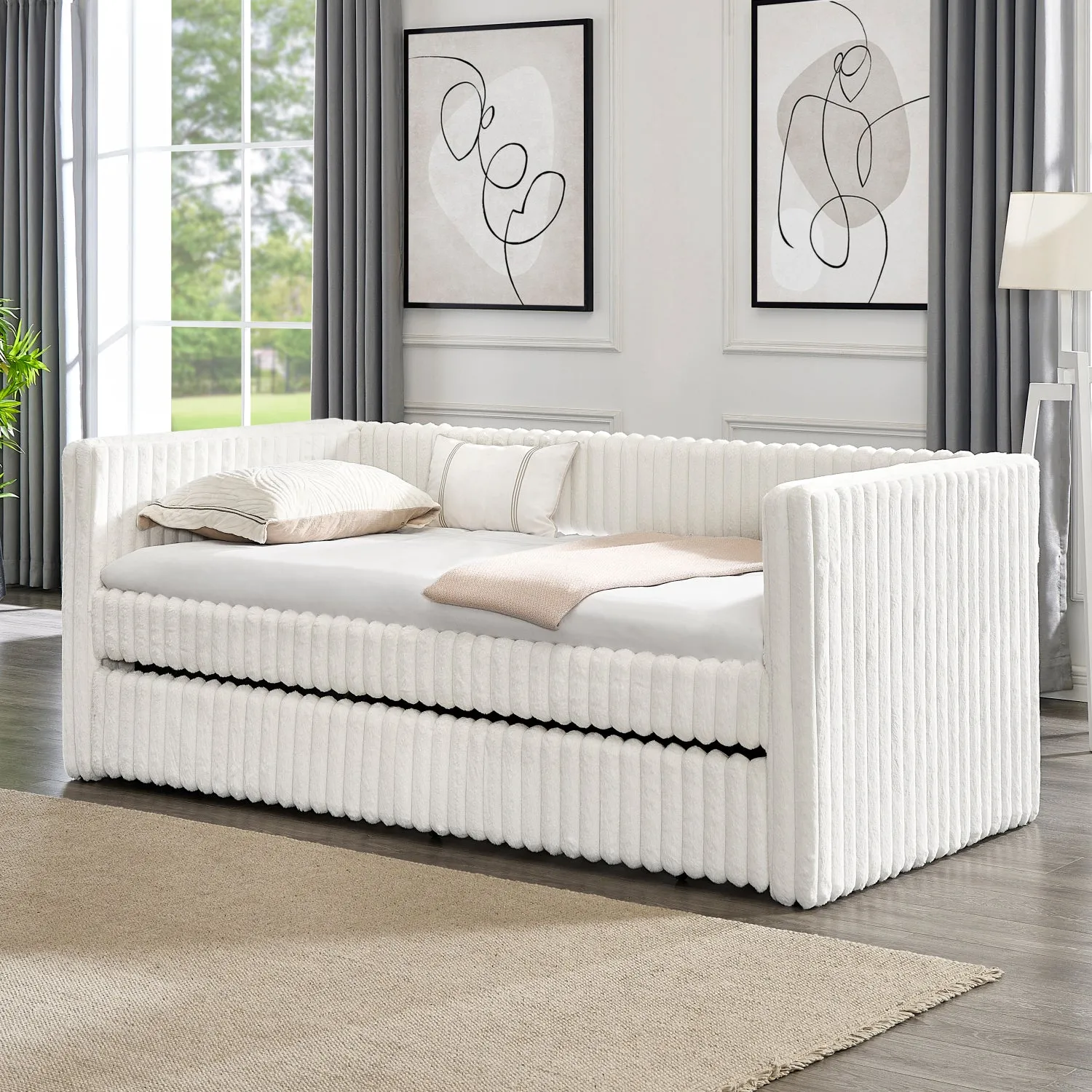 Streamdale Beige Corduroy Daybed with Pull-Out Trundle (Twin)