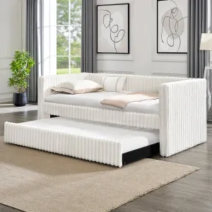 Streamdale Beige Corduroy Daybed with Pull-Out Trundle (Twin)