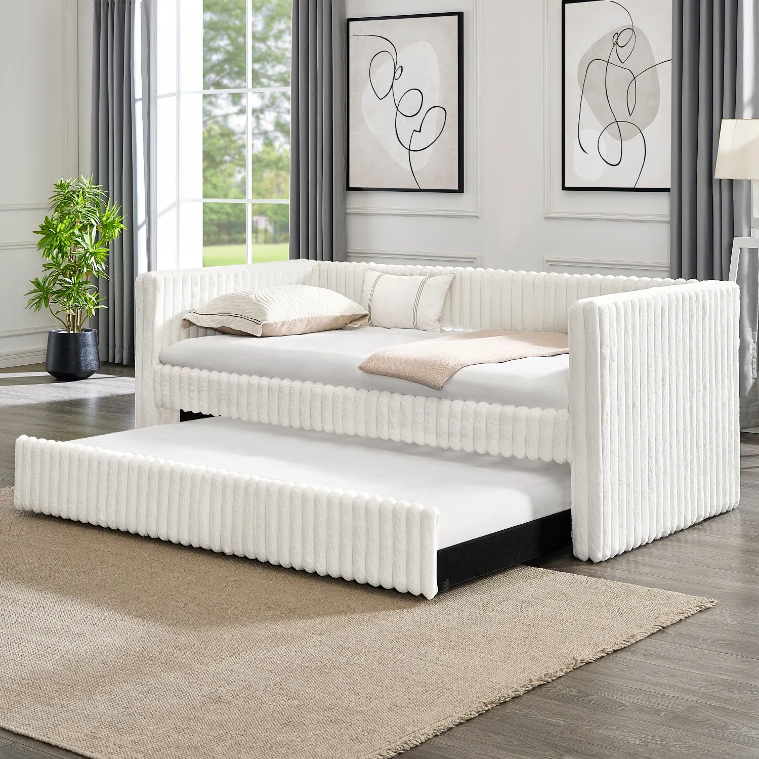 Streamdale Beige Corduroy Daybed with Pull-Out Trundle (Twin)