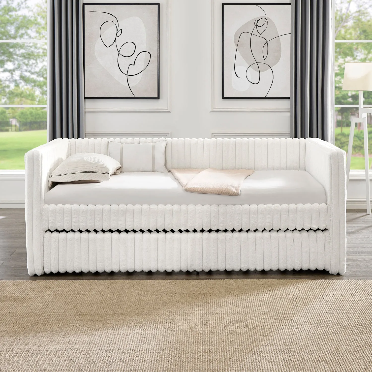 Streamdale Beige Corduroy Daybed with Pull-Out Trundle (Twin)
