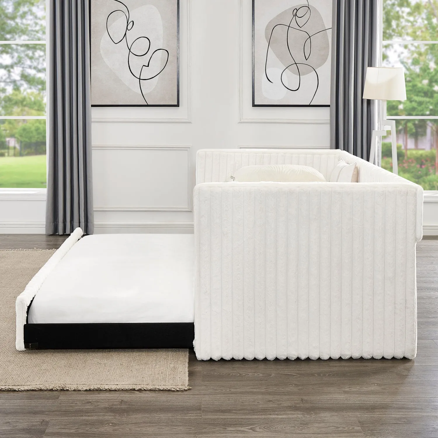 Streamdale Beige Corduroy Daybed with Pull-Out Trundle (Twin)