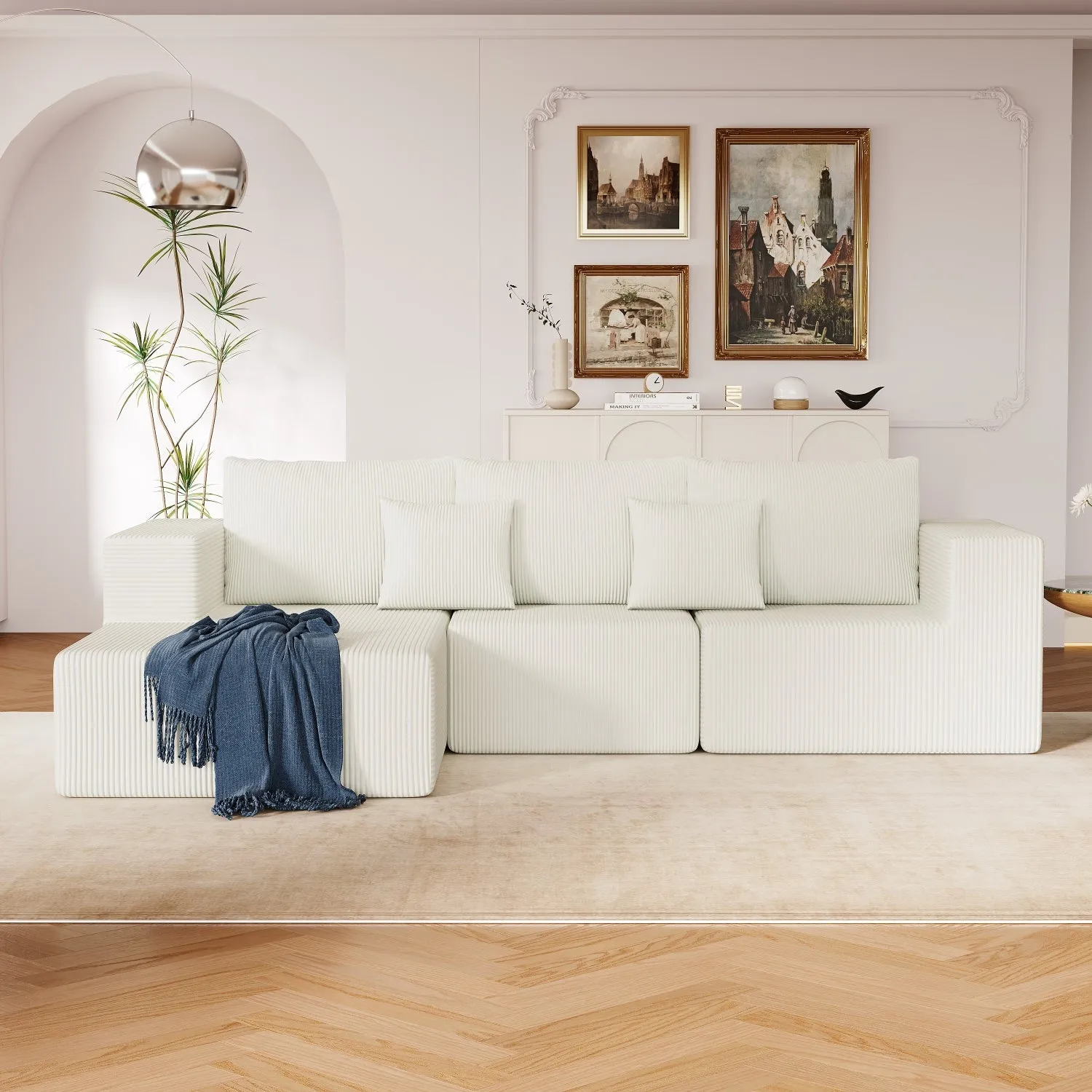 Streamdale Beige Corduroy Sectional Sofa with Chaise Lounge