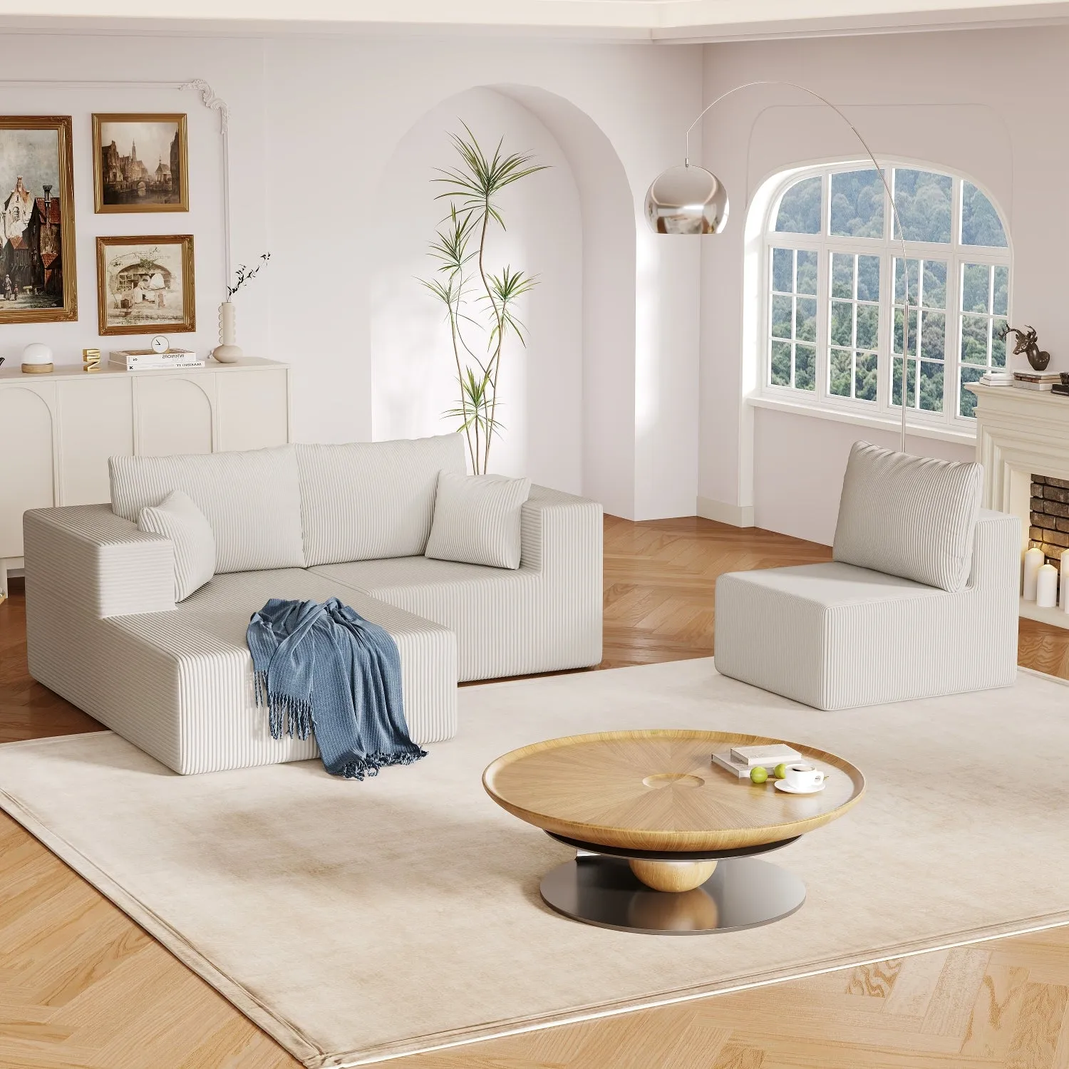Streamdale Beige Corduroy Sectional Sofa with Chaise Lounge