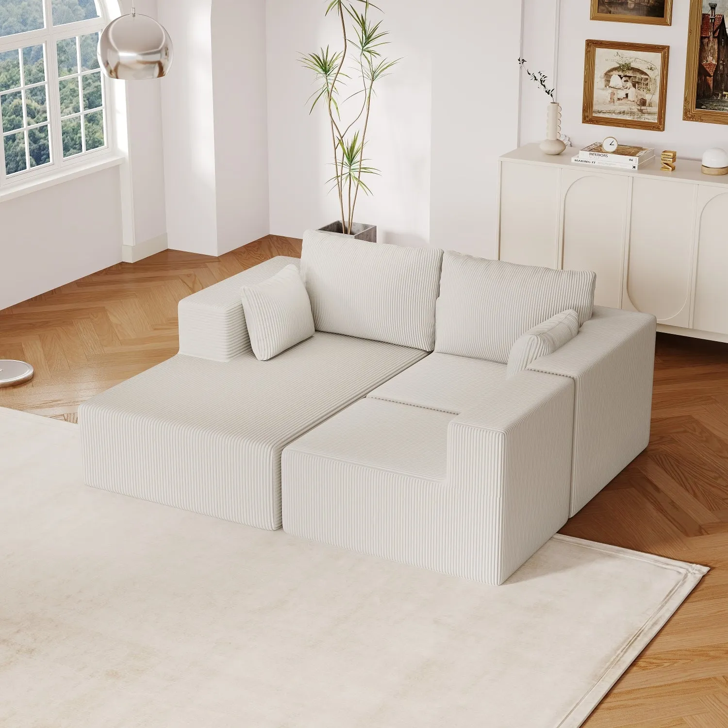 Streamdale Beige Corduroy Sectional Sofa with Chaise Lounge