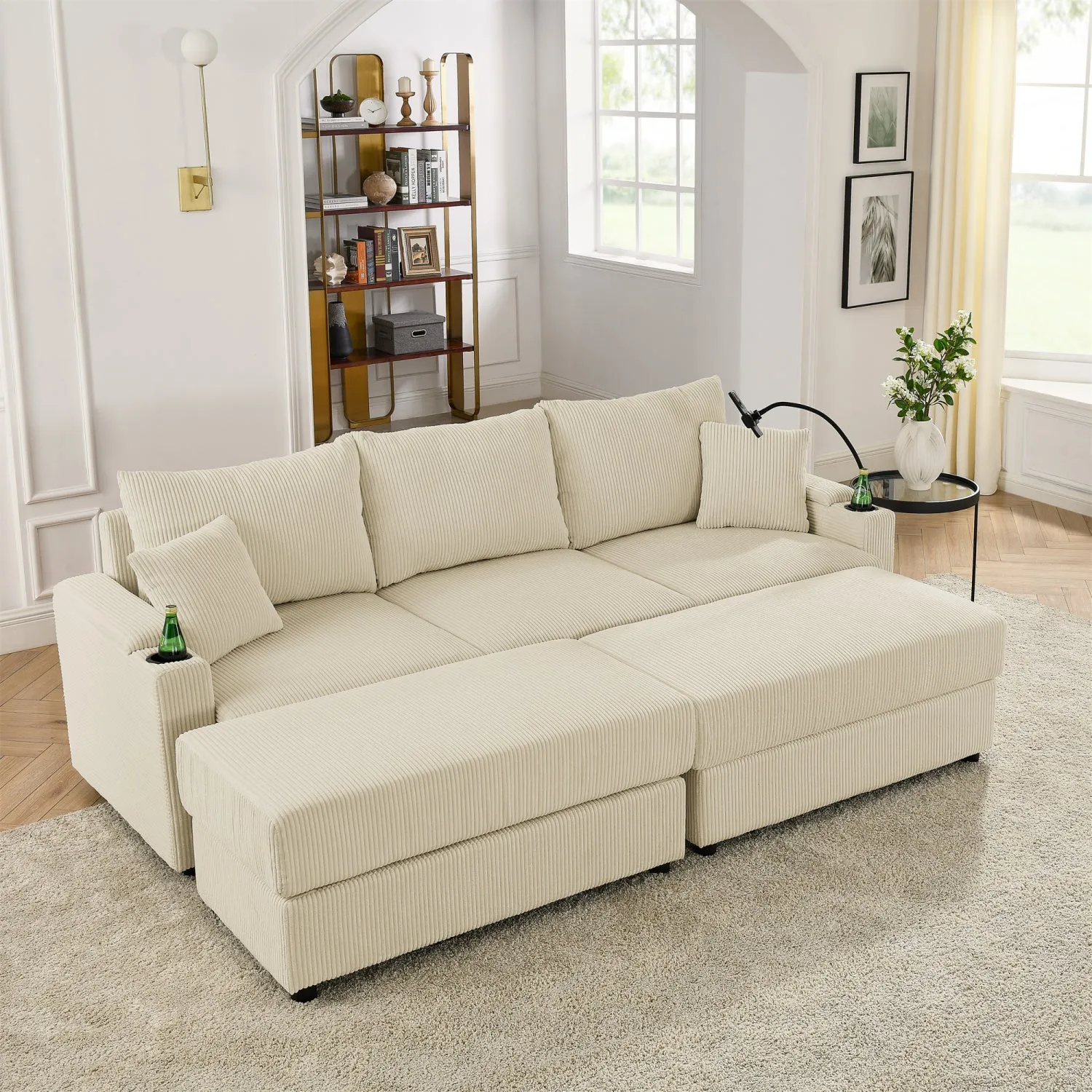 Streamdale Beige Corduroy Sofa Bed with Storage & Ottomans