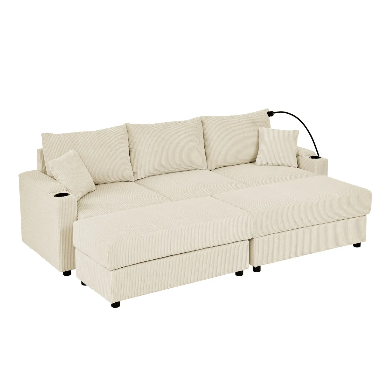 Streamdale Beige Corduroy Sofa Bed with Storage & Ottomans
