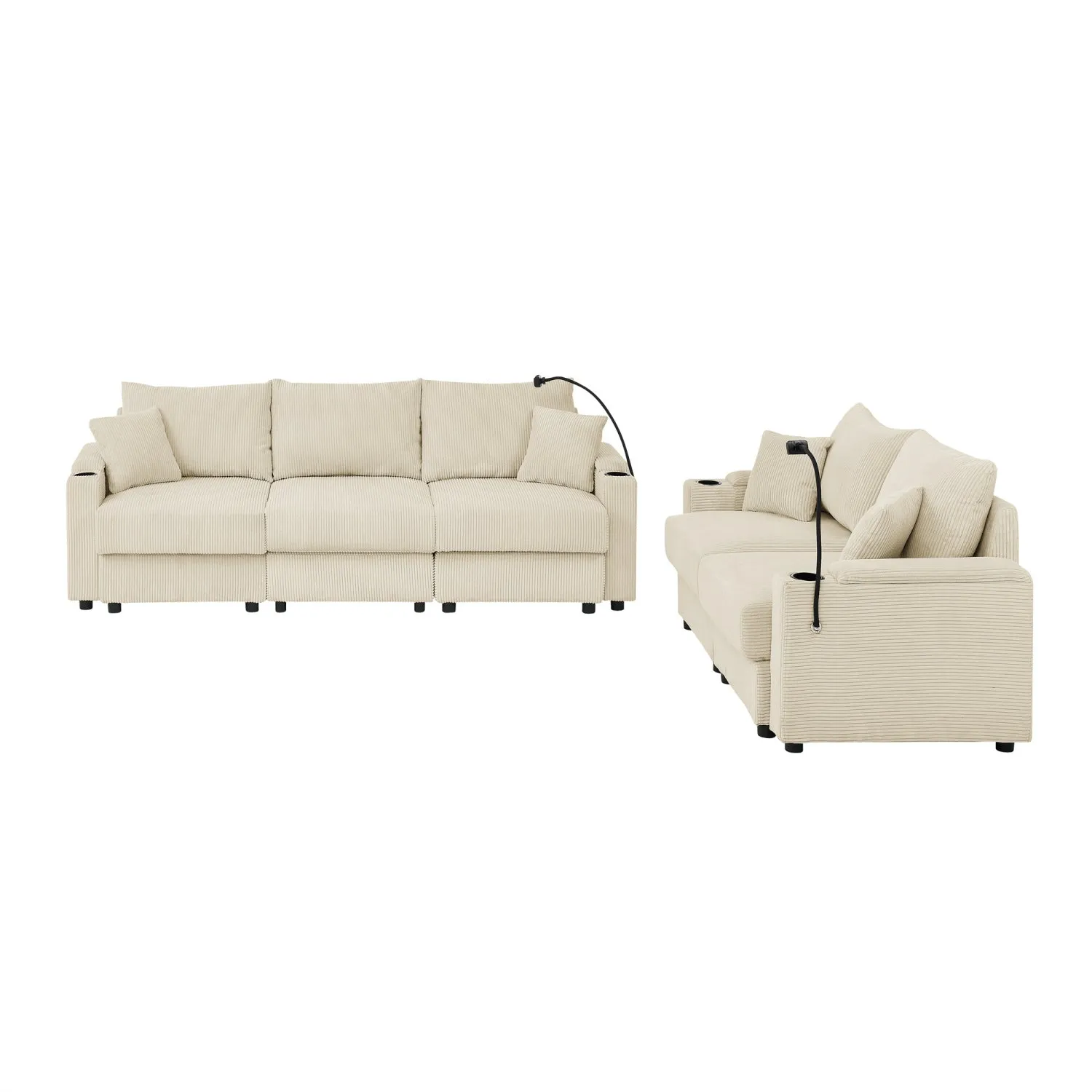 Streamdale Beige Corduroy Sofa Set w/ Storage, Cup Holders & Charging