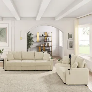 Streamdale Beige Corduroy Sofa Set w/ Storage, Cup Holders & Charging