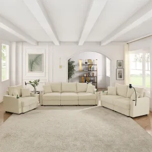 Streamdale Beige Corduroy Sofa Set with Storage & Cup Holders