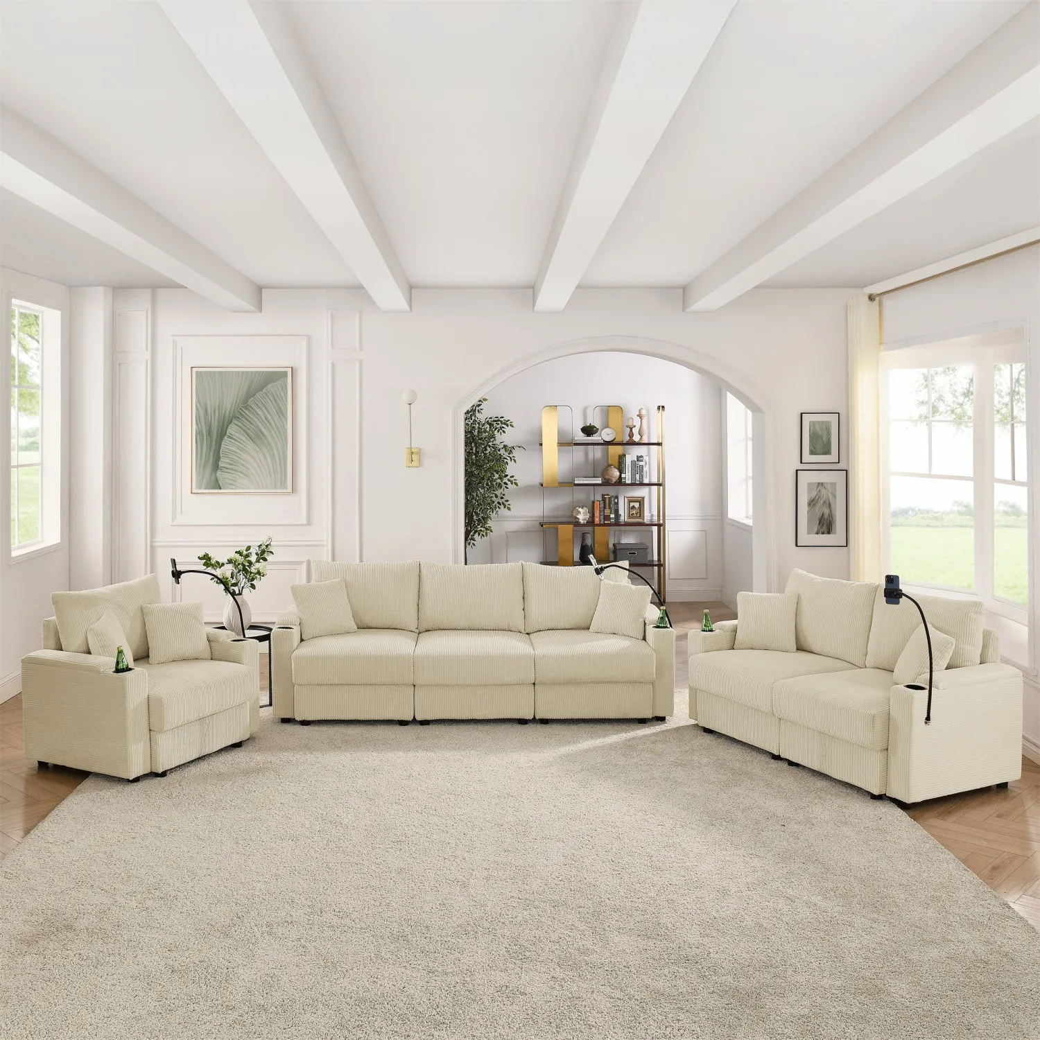 Streamdale Beige Corduroy Sofa Set with Storage & Cup Holders