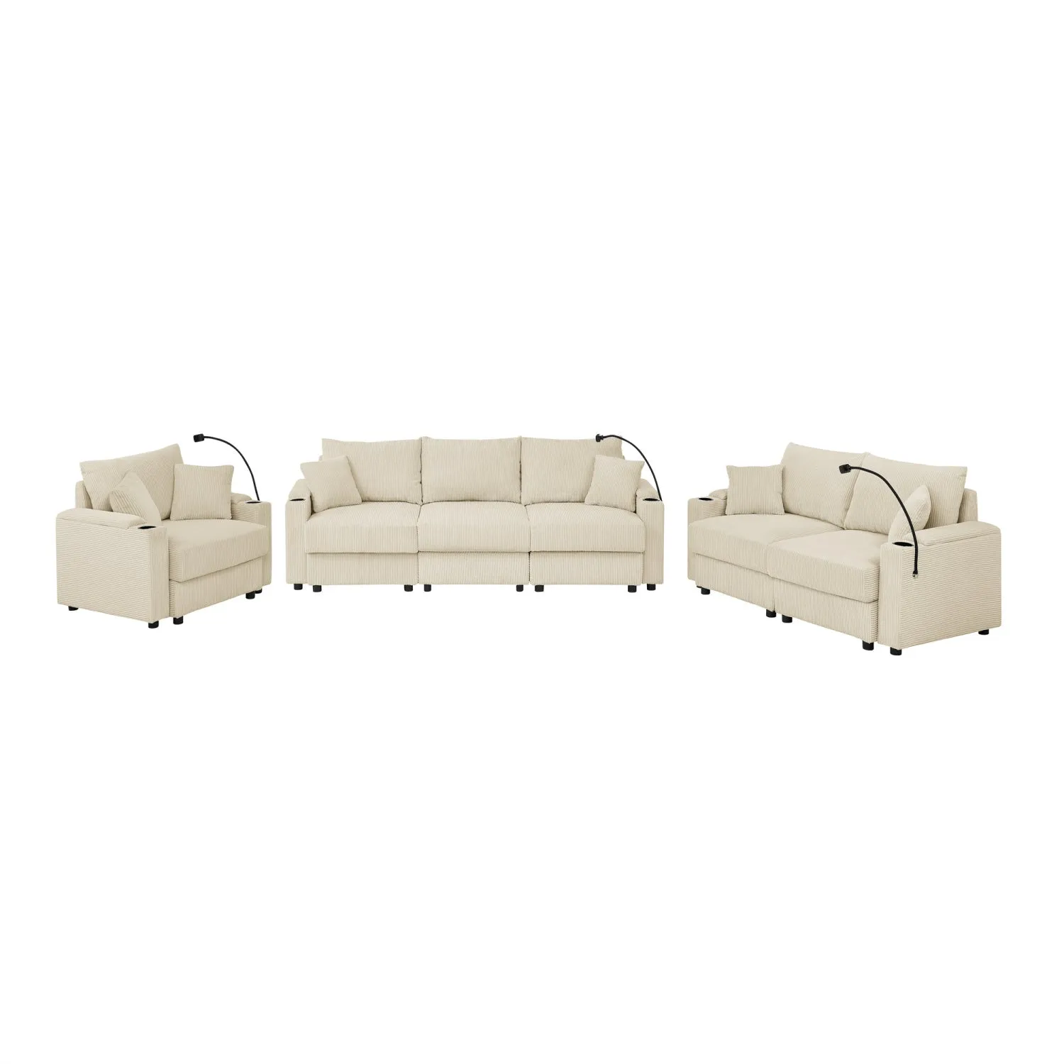 Streamdale Beige Corduroy Sofa Set with Storage & Cup Holders
