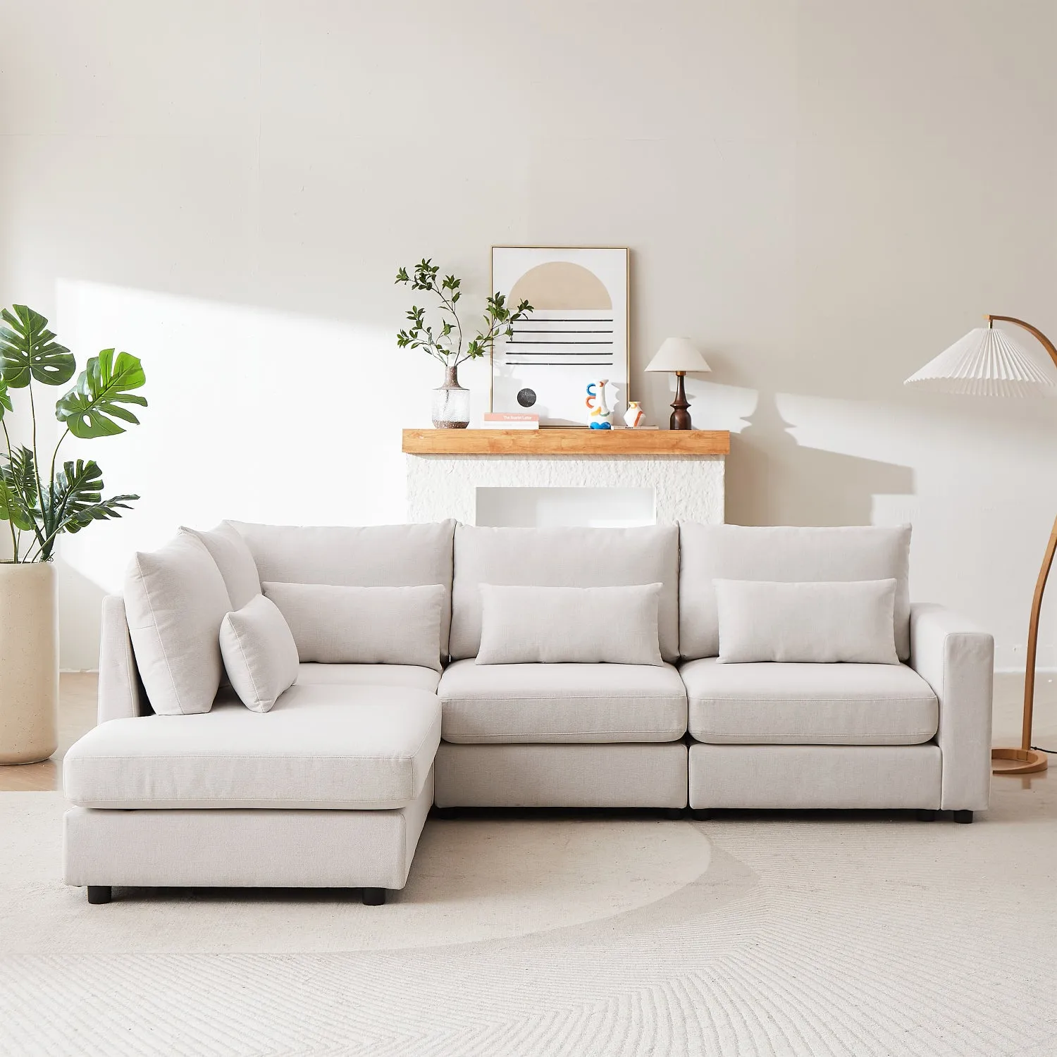 Streamdale Beige Linen L-Shaped Sofa with Ottoman & Cushions