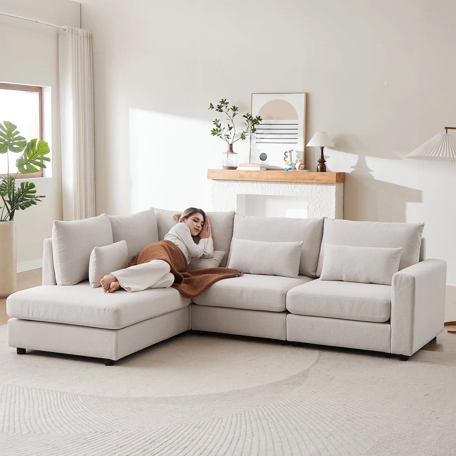 Streamdale Beige Linen L-Shaped Sofa with Ottoman & Cushions