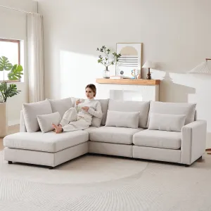 Streamdale Beige Linen L-Shaped Sofa with Ottoman & Cushions