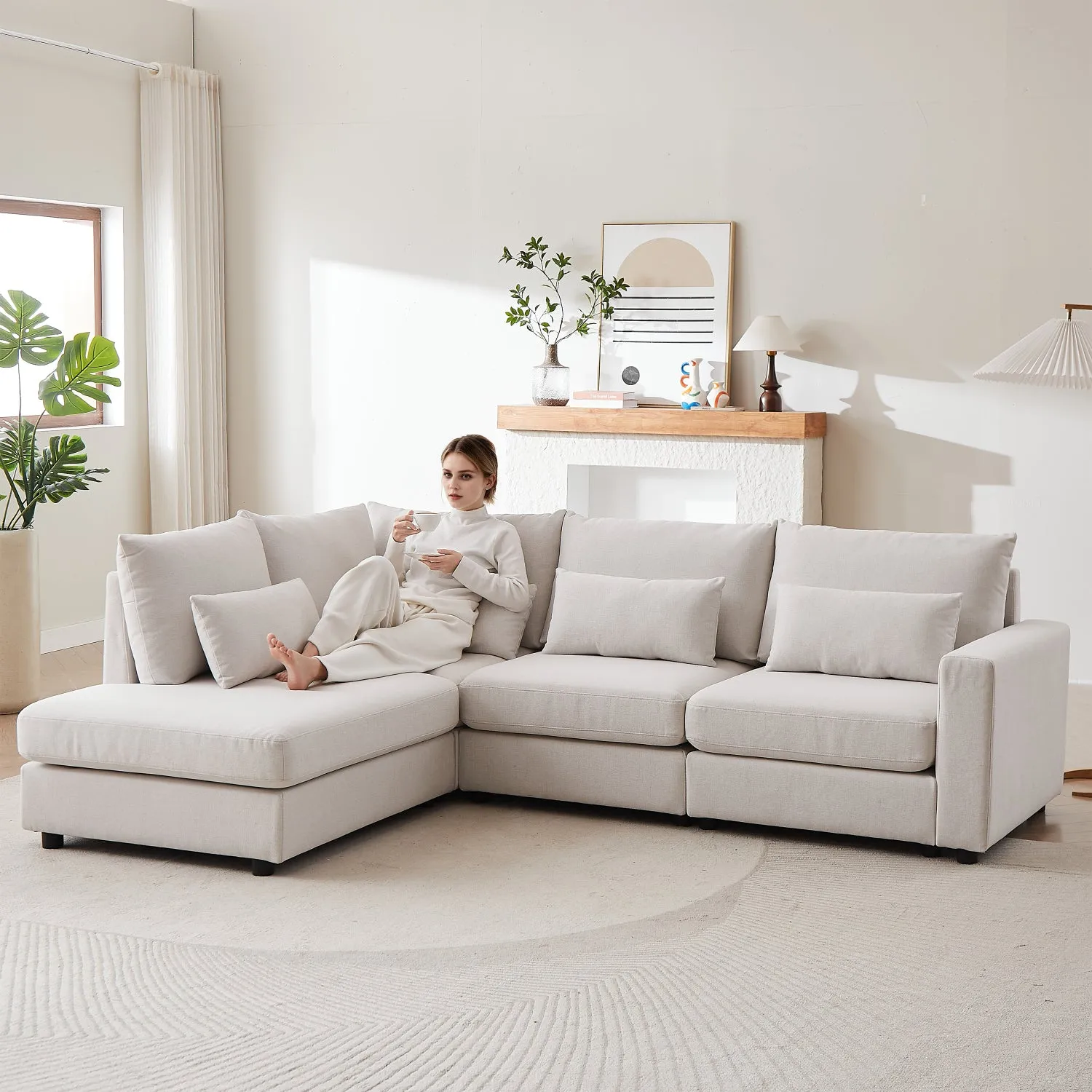 Streamdale Beige Linen L-Shaped Sofa with Ottoman & Cushions