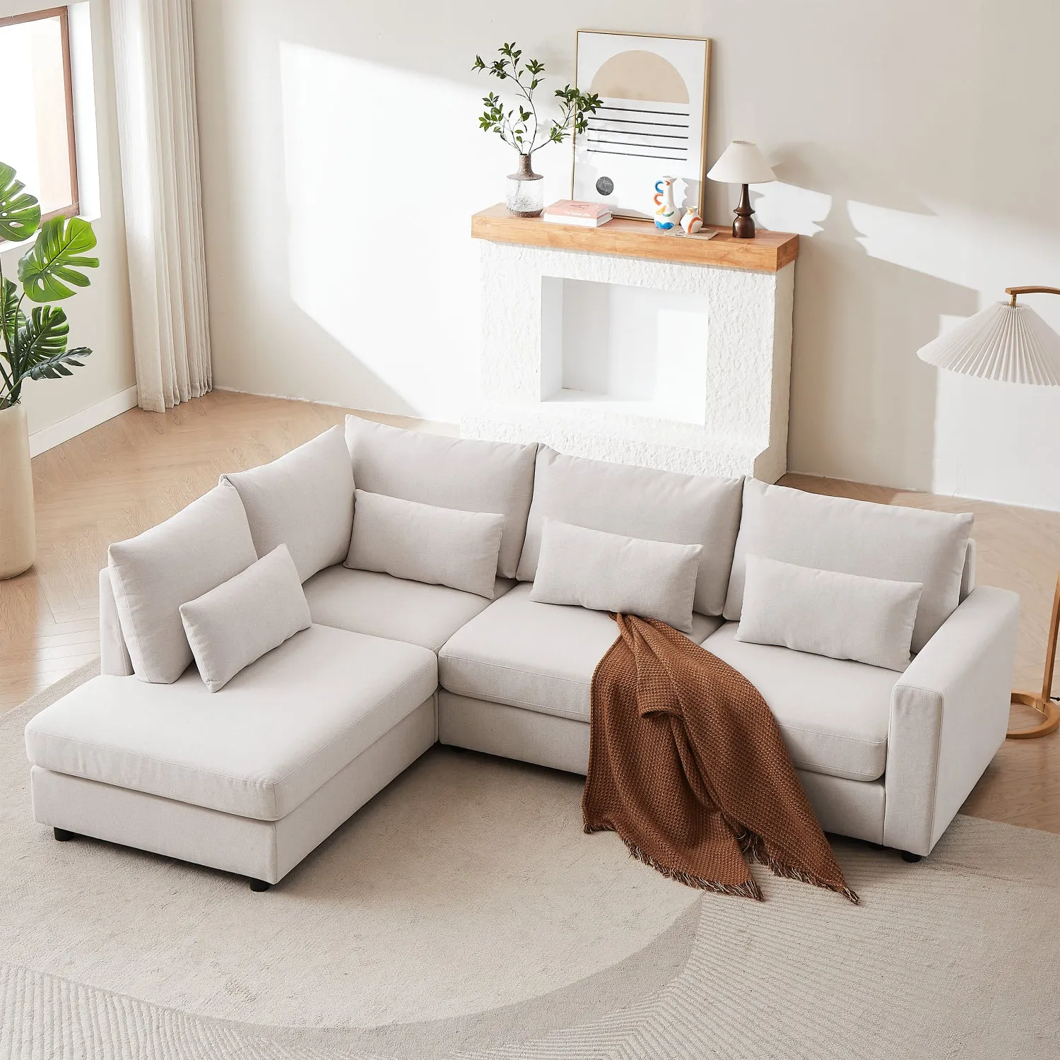 Streamdale Beige Linen L-Shaped Sofa with Ottoman & Cushions