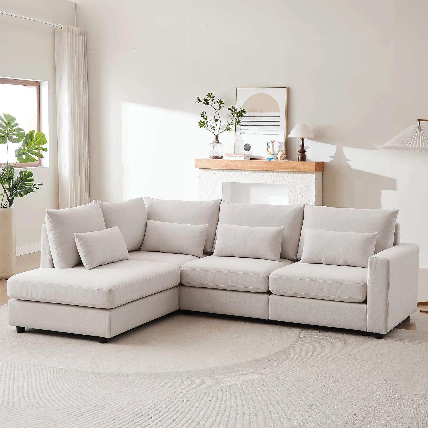 Streamdale Beige Linen L-Shaped Sofa with Ottoman & Cushions