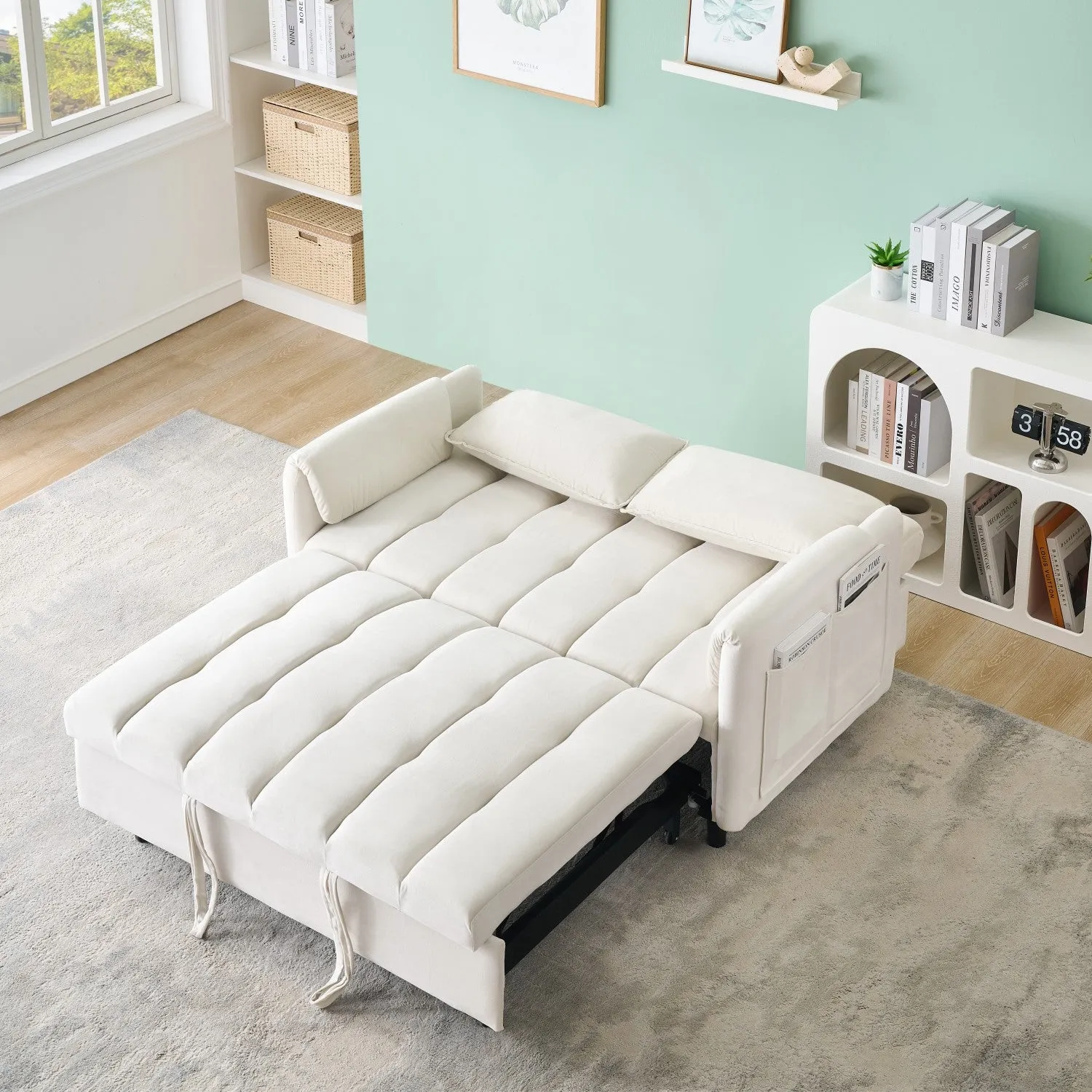 Streamdale Beige Velvet Sofa Bed - Convertible Sleeper Couch