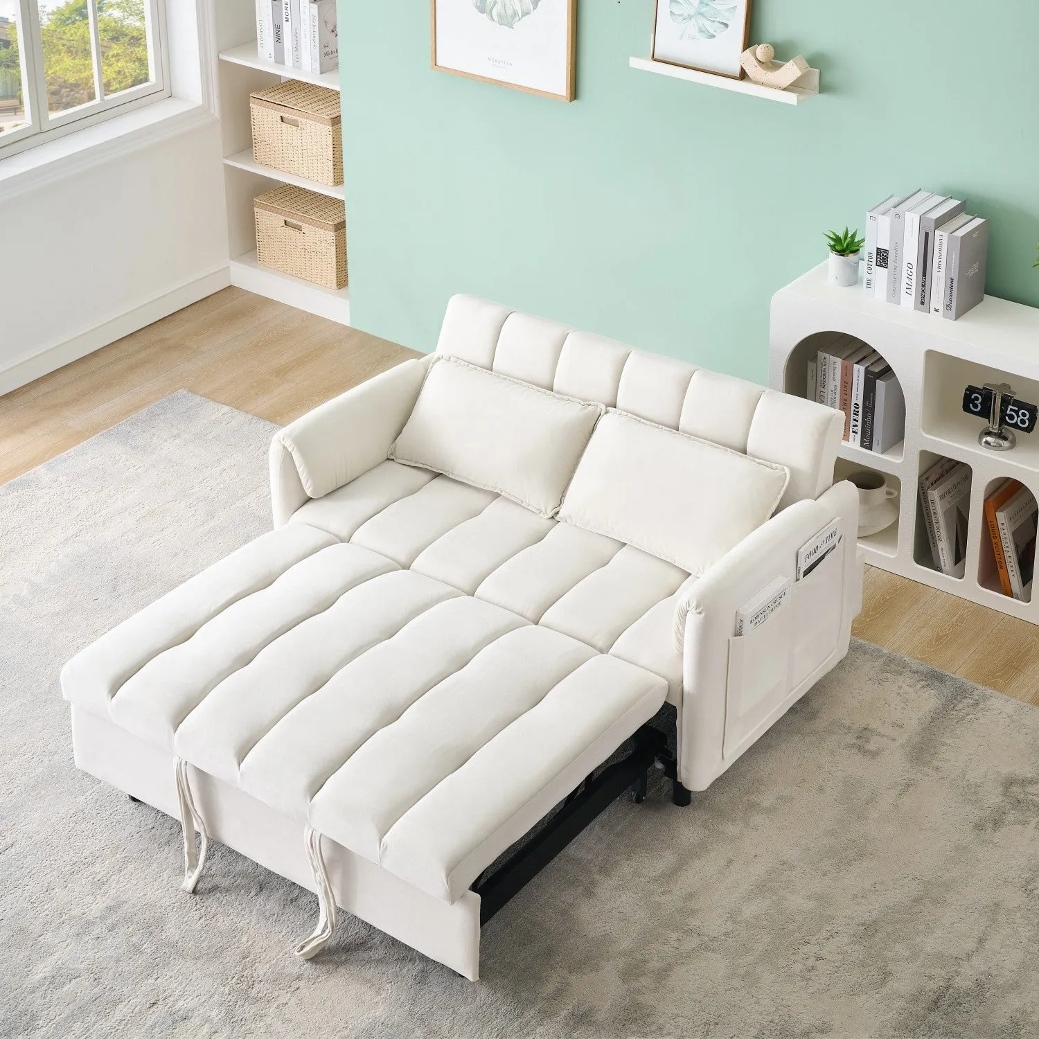 Streamdale Beige Velvet Sofa Bed - Convertible Sleeper Couch