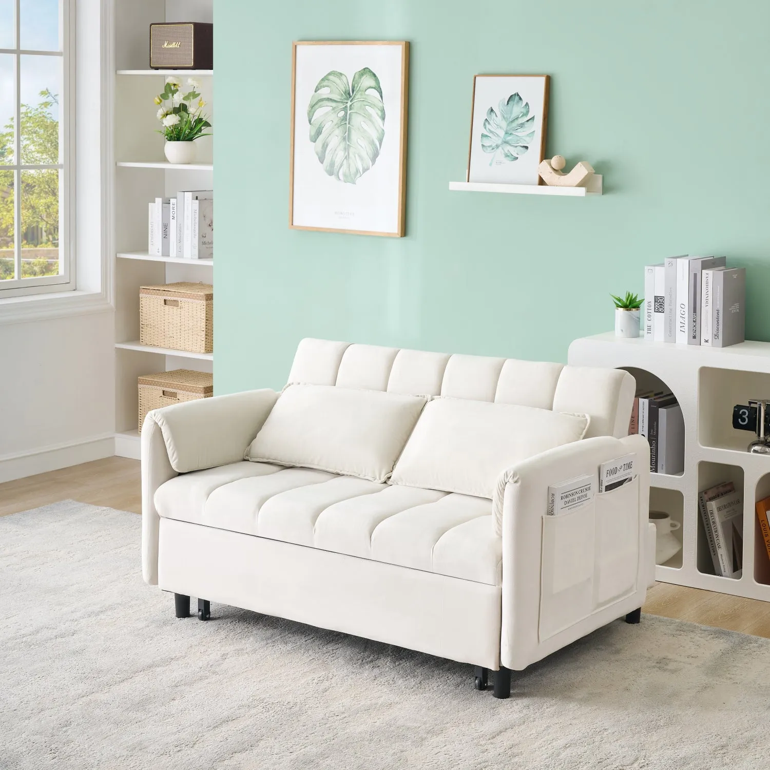 Streamdale Beige Velvet Sofa Bed - Convertible Sleeper Couch