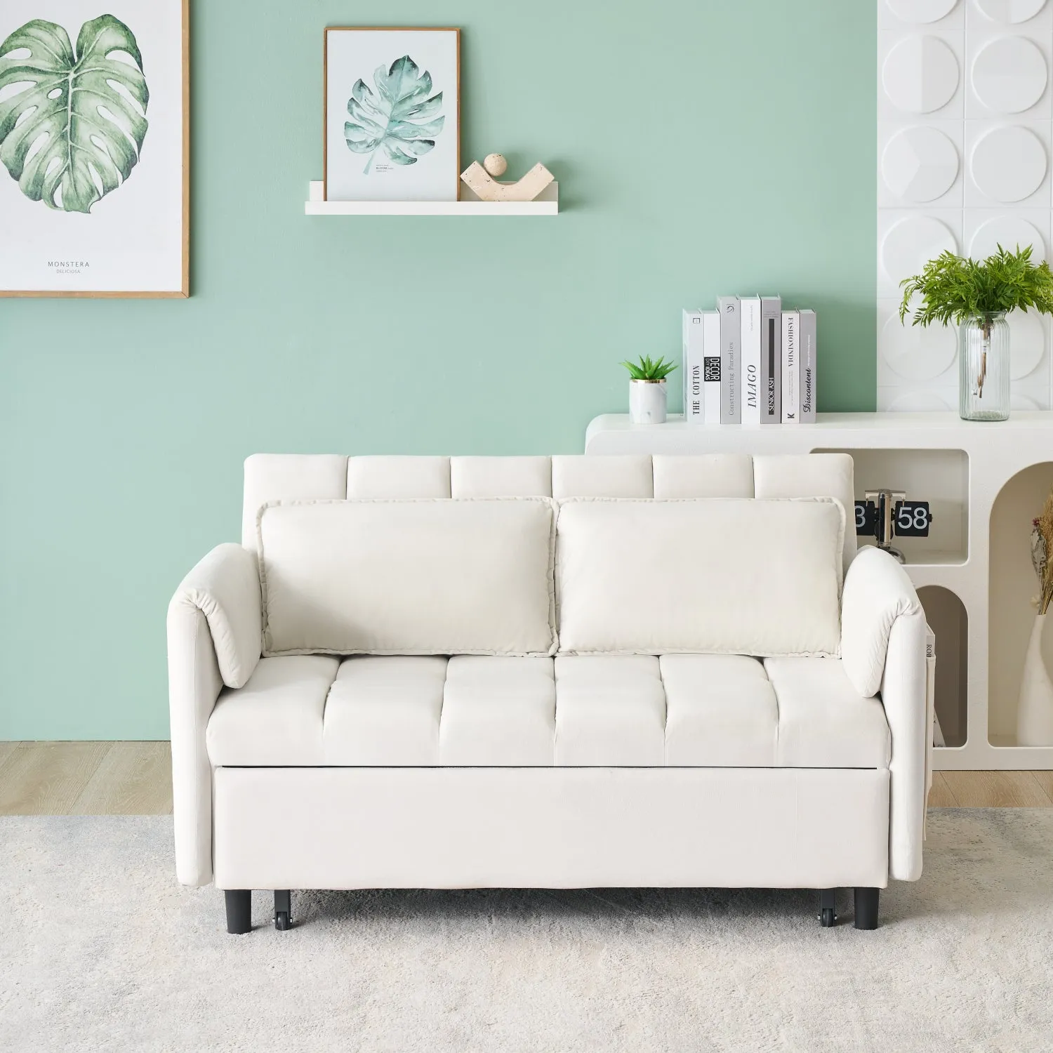Streamdale Beige Velvet Sofa Bed - Convertible Sleeper Couch