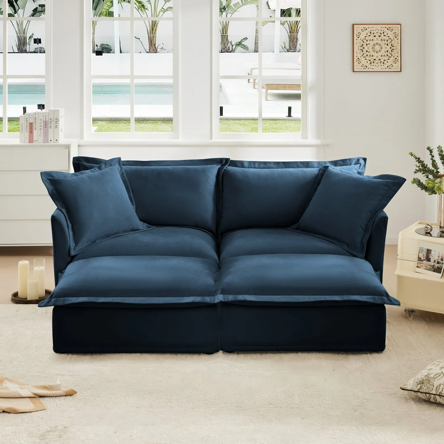 Streamdale Blue Chenille 2-Seater Sofa with Ottomans & Sleeper