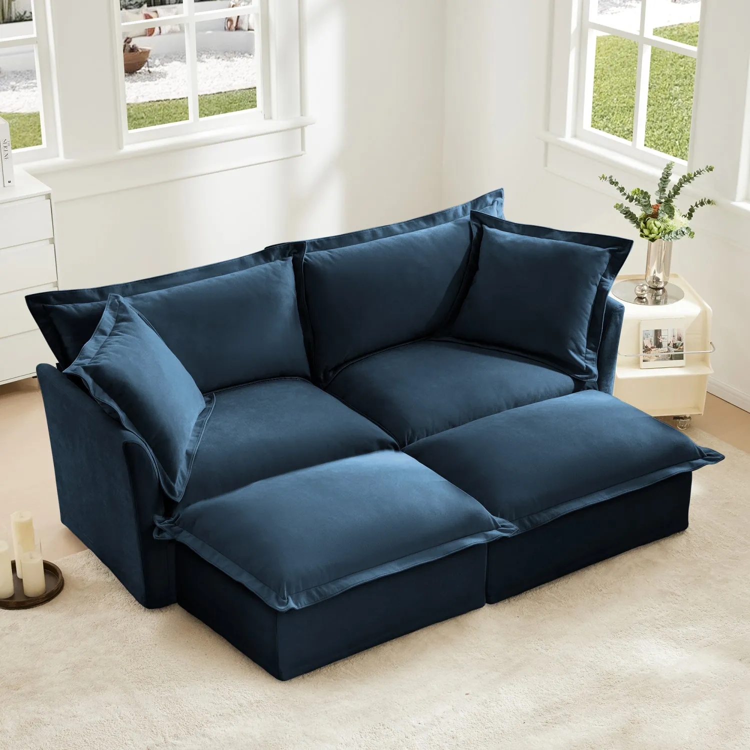 Streamdale Blue Chenille 2-Seater Sofa with Ottomans & Sleeper