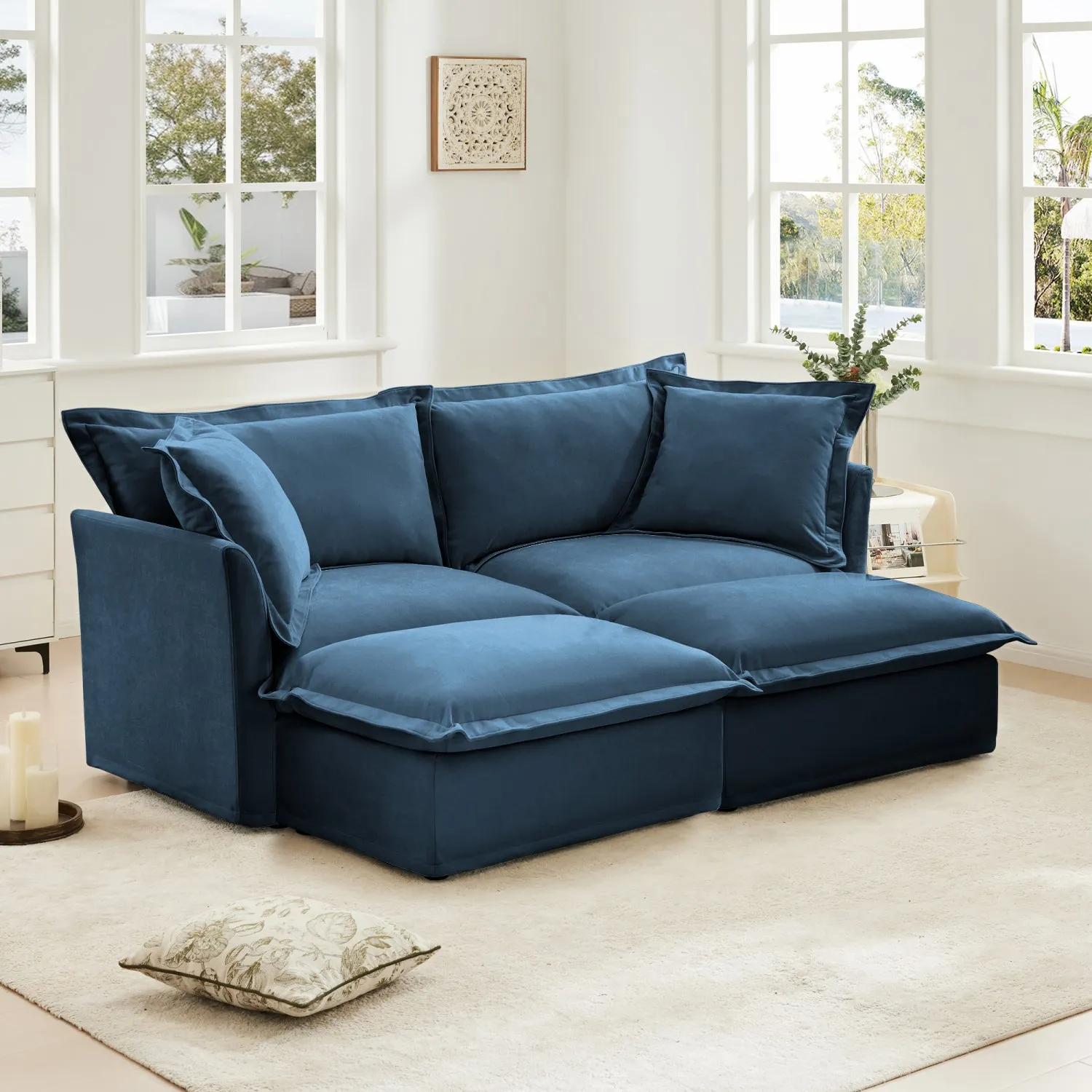Streamdale Blue Chenille 2-Seater Sofa with Ottomans & Sleeper