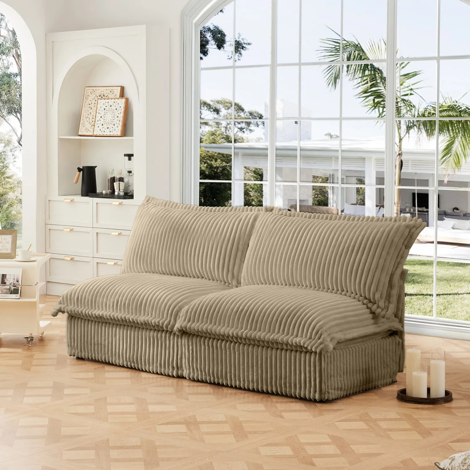 Streamdale Camel Corduroy Armless Sofa with Pillows