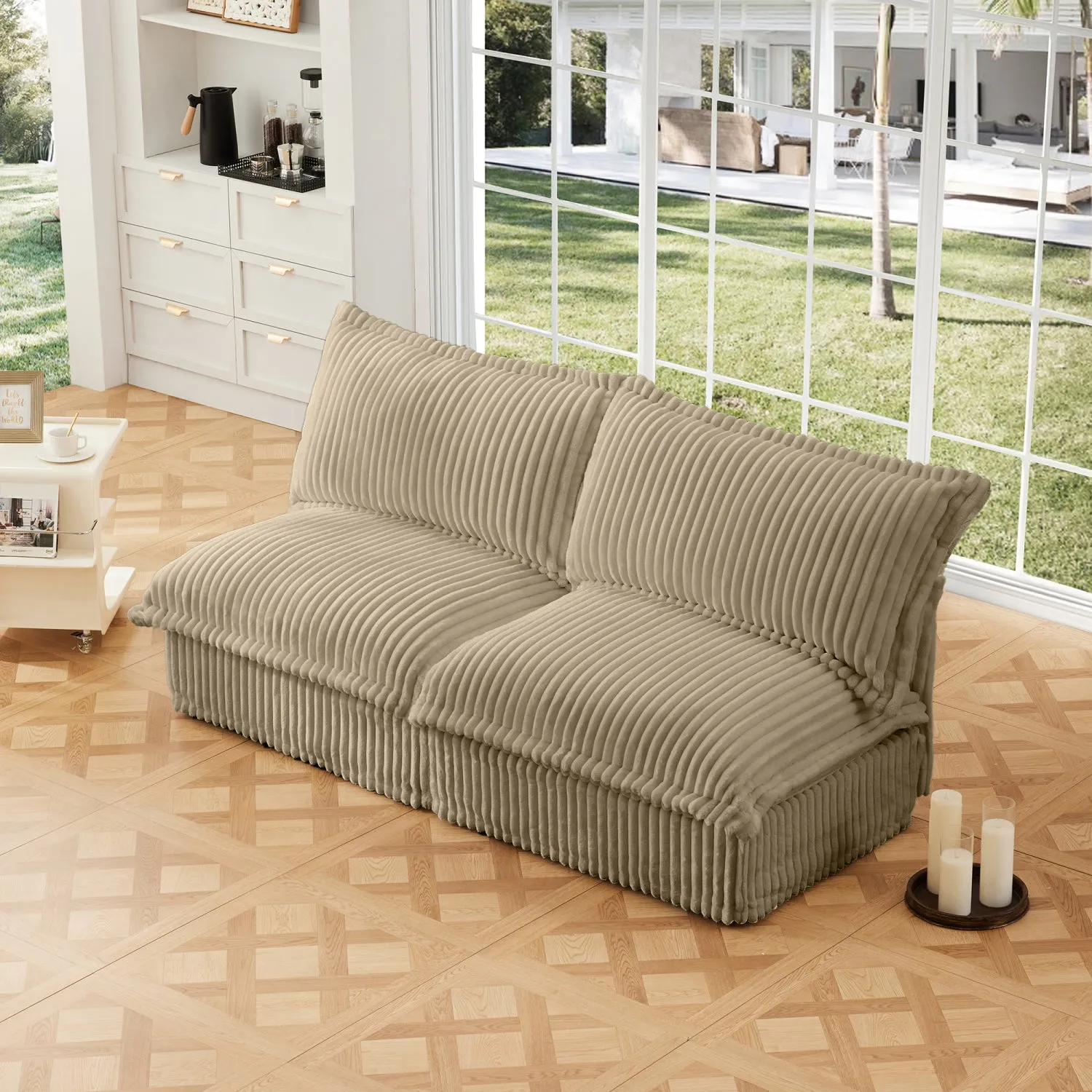 Streamdale Camel Corduroy Armless Sofa with Pillows