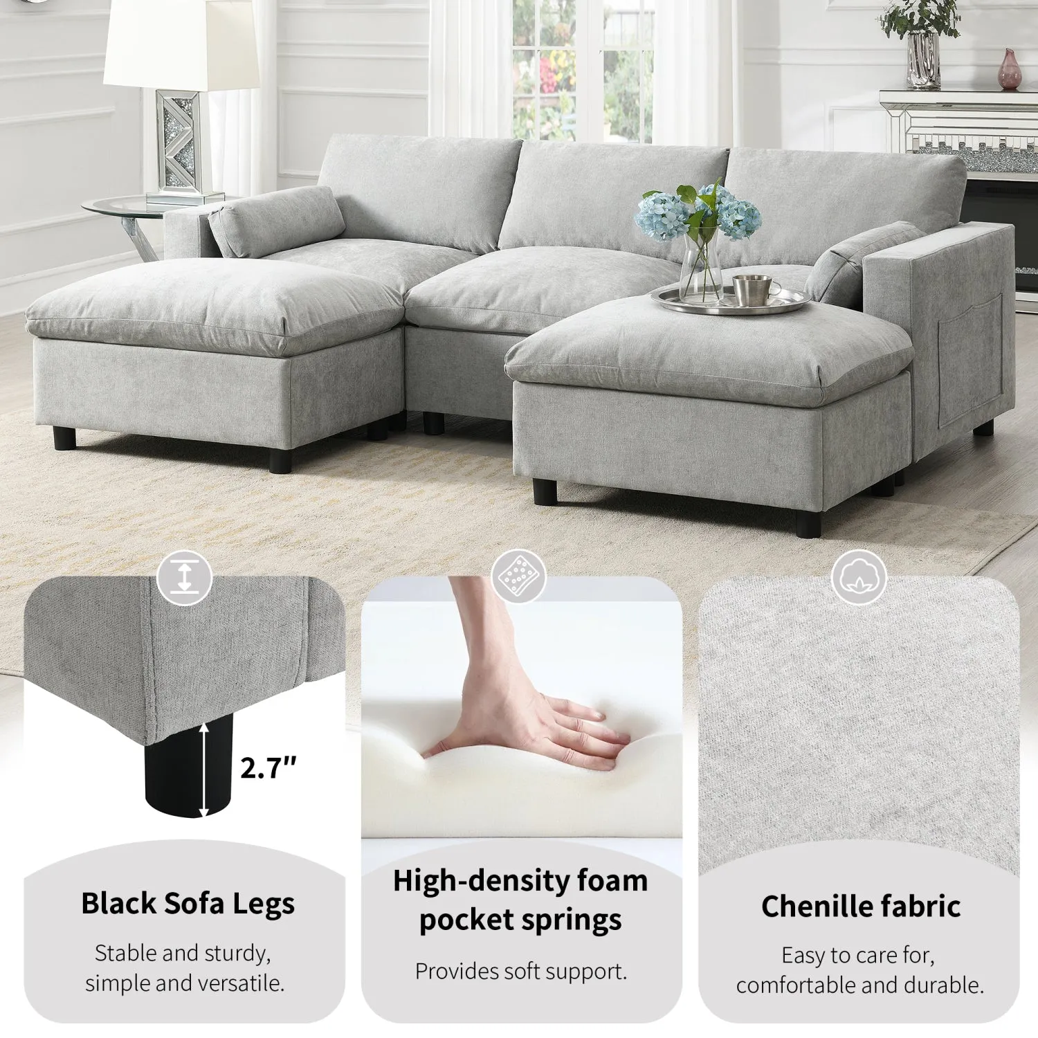 Streamdale Chenille Modular Sectional Sofa with Ottomans & Pillows
