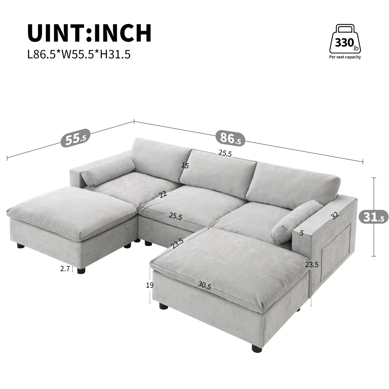 Streamdale Chenille Modular Sectional Sofa with Ottomans & Pillows