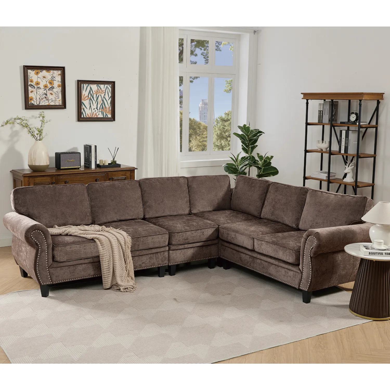 Streamdale Chocolate Chenille 6-Seater L-Shaped Sectional Sofa
