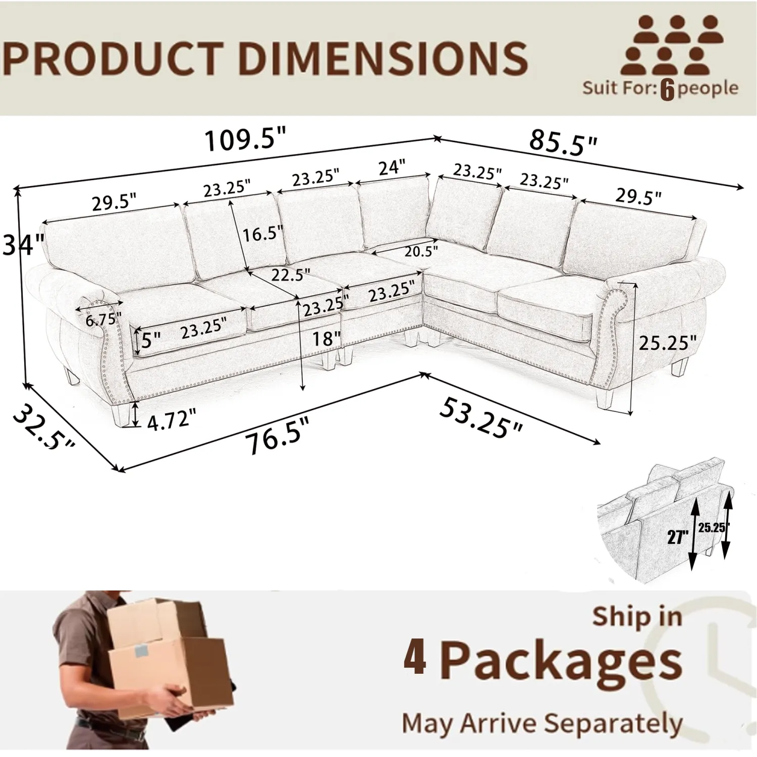 Streamdale Chocolate Chenille 6-Seater L-Shaped Sectional Sofa