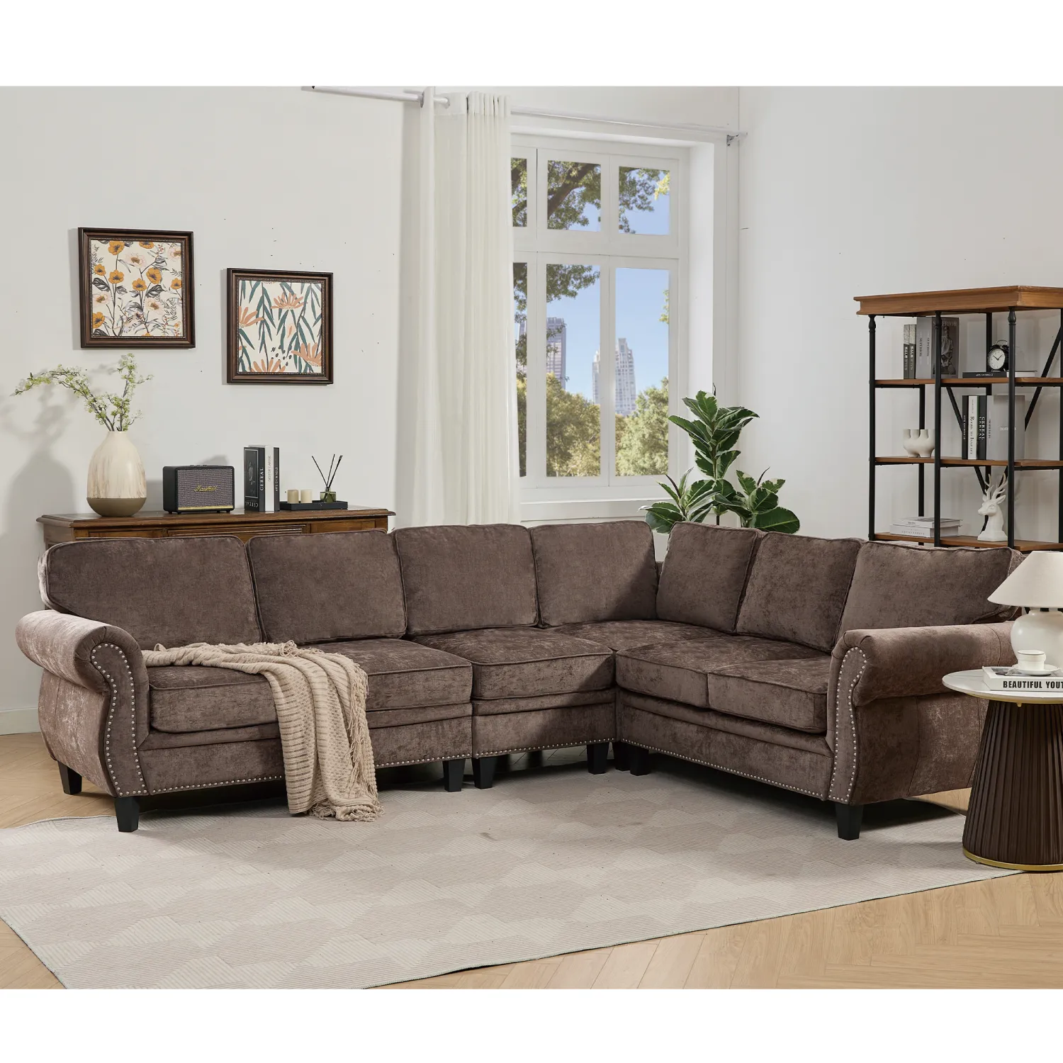 Streamdale Chocolate Chenille 6-Seater L-Shaped Sectional Sofa