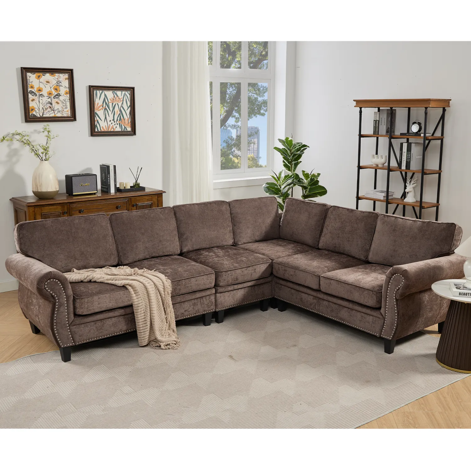 Streamdale Chocolate Chenille 6-Seater L-Shaped Sectional Sofa