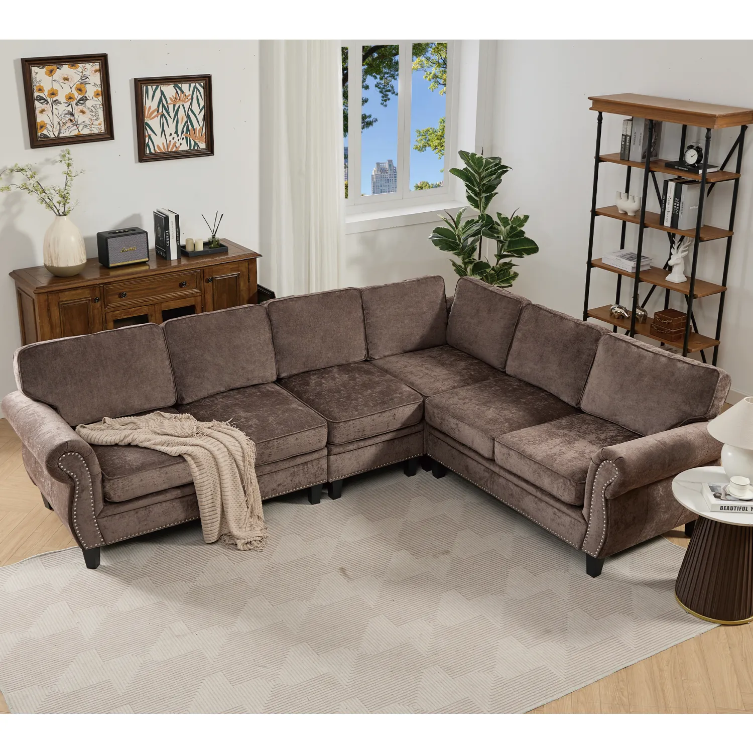 Streamdale Chocolate Chenille 6-Seater L-Shaped Sectional Sofa